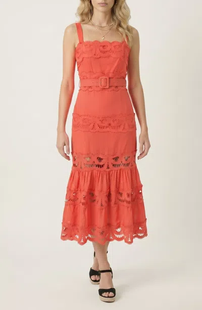Modenaire Belted Lace Inset Midi Dress With Square Neck And Tiered Skirt In Red