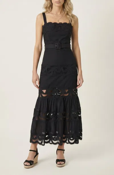 Modenaire Belted Lace Inset Midi Dress With Square Neck And Tiered Skirt In Black