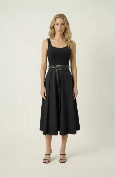Modenaire Belted Scoop Neck Midi Dress In Black