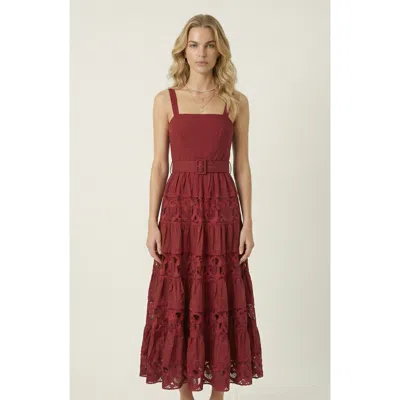 Modenaire Belted Tiered Lace Midi Dress In Brown