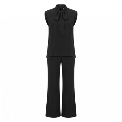 Modenaire Black Sleeveless Tie Neck Blouse And Wide Leg Trouser Set