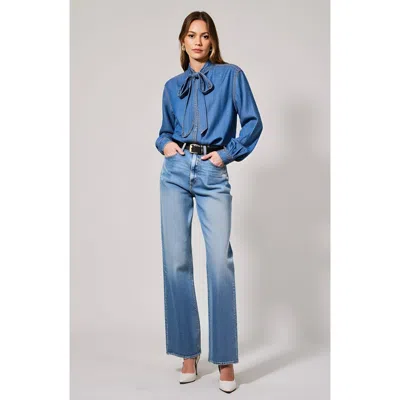 Modenaire Blouse With Tie Neck And Hidden Buttons In Blue