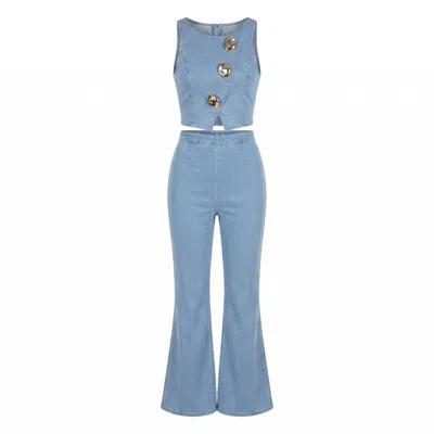 Modenaire Blue Tailored Denim Vest And Wide Leg Trouser Set