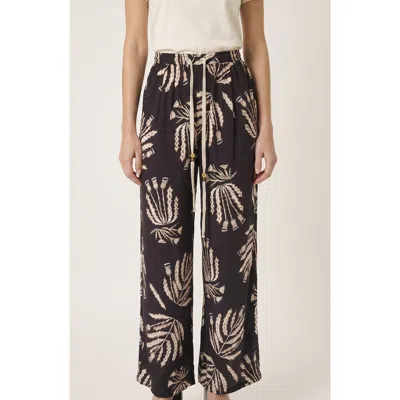 Modenaire Botanical Print Wide Leg Pants With Drawstring Waist And Side Pockets In Black