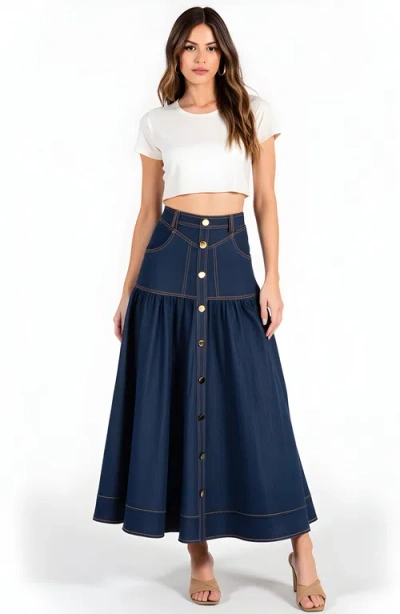 Modenaire Button Front Denim Maxi Skirt With Contrast Stitching And Flared Hem In Blue