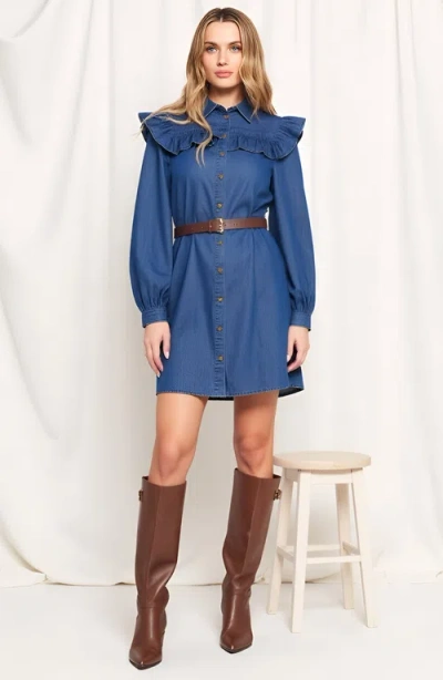 Modenaire Button-front Denim Shirt Dress With Ruffle Yoke In Blue