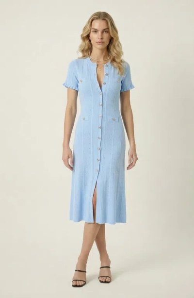 Modenaire Button Front Knit Short Sleeve Midi Dress In Blue