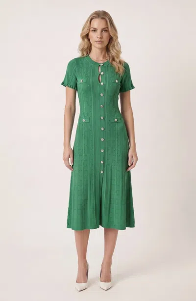 Modenaire Button Front Knit Short Sleeve Midi Dress In Green