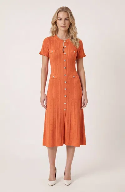 Modenaire Button Front Knit Short Sleeve Midi Dress In Orange