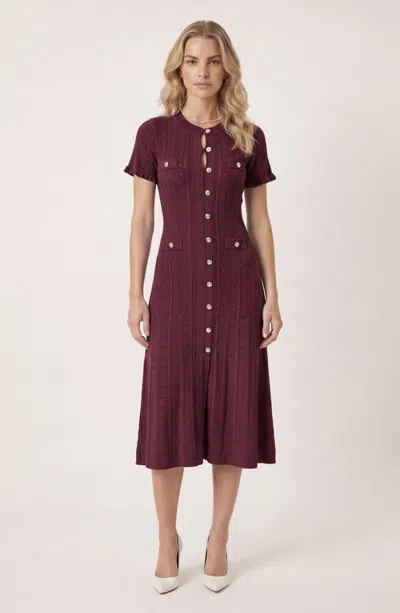 Modenaire Button Front Knit Short Sleeve Midi Dress In Red