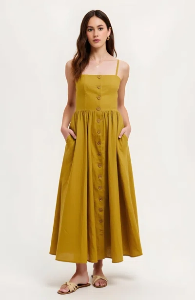 Modenaire Button Front Midi Dress With Spaghetti Straps And Side Pockets In Multi