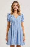 Modenaire Button-front Mini Dress With Lace Trim Puff Sleeves And Ruffle Details In Blue