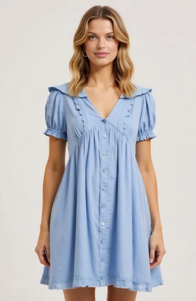 Modenaire Button-front Mini Dress With Lace Trim Puff Sleeves And Ruffle Details In Blue