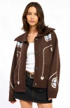 Modenaire Button Up Knit Cardigan With Abstract Floral Print In Brown