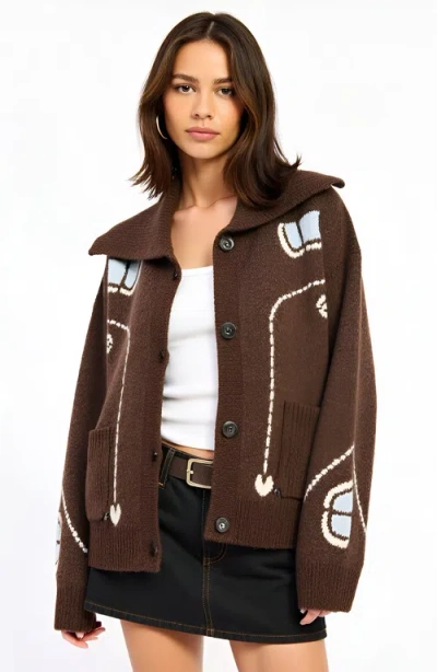 Modenaire Button Up Knit Cardigan With Abstract Floral Print In Brown