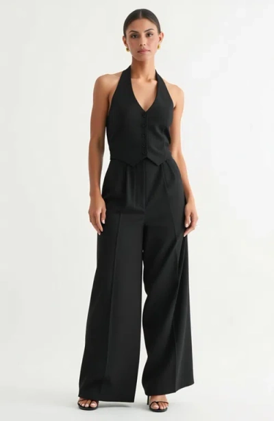 Modenaire Button-detail Halter Vest And Wide-leg Pocket Pants Set In Black
