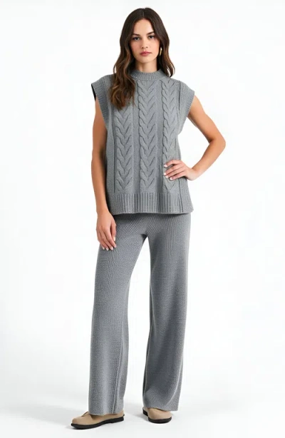 Modenaire Cable Knit Cap Sleeve Sweater Vest And Wide Leg Pants Set In Gray
