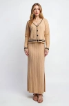 Modenaire Cable Knit Cardigan & Maxi Skirt Set With Striped Trim And Button Detail In Brown