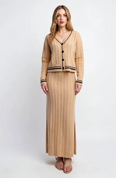 Modenaire Cable Knit Cardigan & Maxi Skirt Set With Striped Trim And Button Detail In Brown