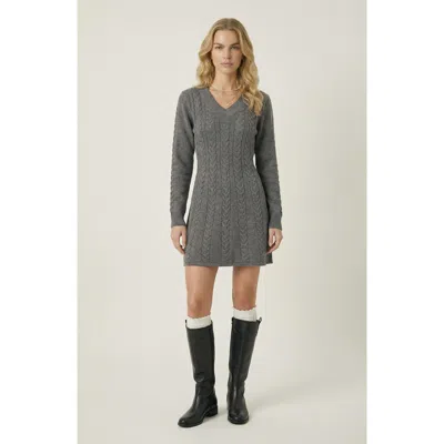 Modenaire Cable Knit V-neck Sweater Dress In Gray