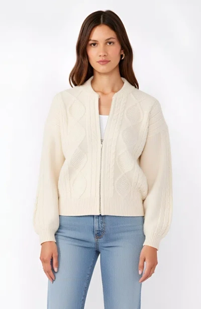Modenaire Cable Knit Zip Front Cardigan With Diamond Pattern And Ribbed Trim Balloon Sleeves In White
