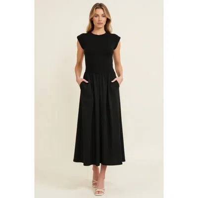 Modenaire Cap Sleeve Fitted Bodice Dress With Gathered Midi Skirt And Pockets