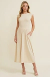 Modenaire Cap Sleeve Knit Bodice Dress With Flowy Midi Skirt And Side Pockets