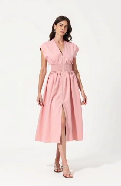 Modenaire Cap Sleeve Midi Dress With Smocked Waist And Side Pockets In Pink