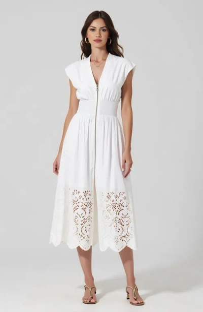 Modenaire Cap Sleeve Midi Dress With Smocked Waist Front Zip And Eyelet Hem In White