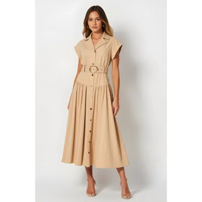 Modenaire Cap Sleeve Midi Shirt Dress With Button Front, Belted Waist And Collar In Neutral