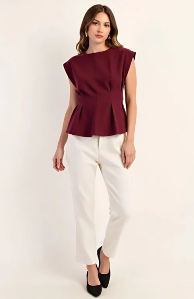 Modenaire Cap Sleeve Peplum Top With Structured Pleats And Round Neck In Burgundy