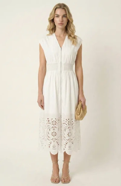 Modenaire Cap Sleeve Smocked Front Zip Midi Dress In White