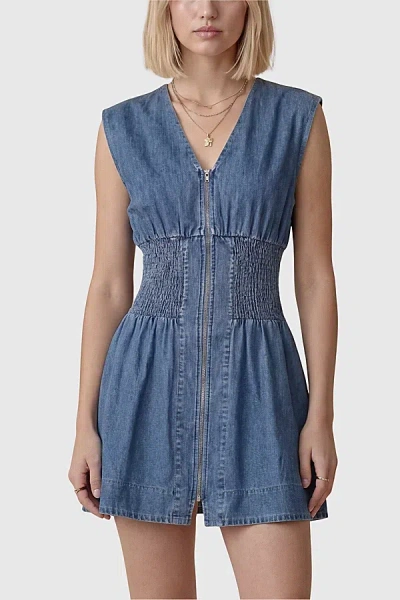 Modenaire Cap Sleeve Smocked Waist Mini Dress With Front Zip Closure In Medium Wash Blue, Women's At Urban Out