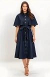 Modenaire Cape Sleeve Denim Midi Dress With Button Front, Waist Tie And Collar In Blue
