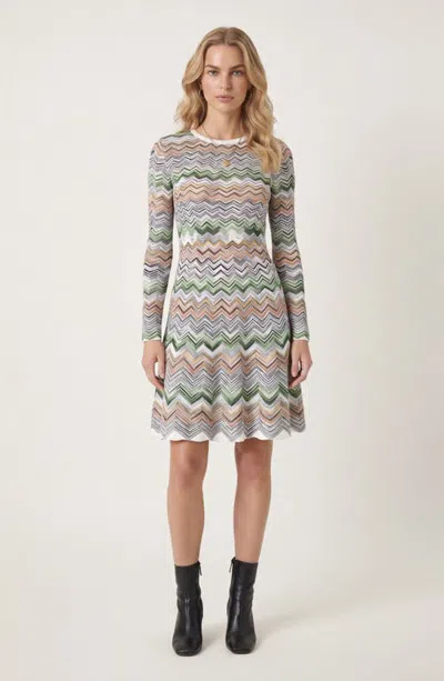 Modenaire Chevron Stripe Long Sleeve Knit Mini Dress In Blue