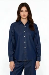 Modenaire Classic Button-up Denim Shirt With Contrast Stitching And Long Sleeves In Blue