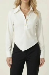 Modenaire Collared Button Front Blouse With Asymmetrical Hem In White