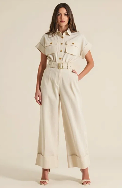 Modenaire Collared Jumpsuit With Removable Belt In White