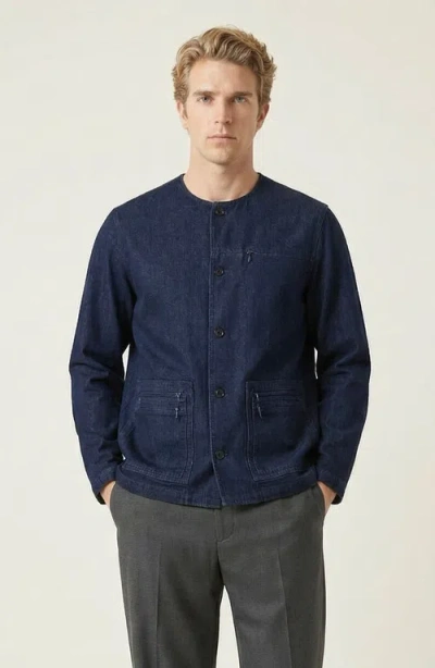 Modenaire Collarless Button Front Utility Pocket Jacket In Blue