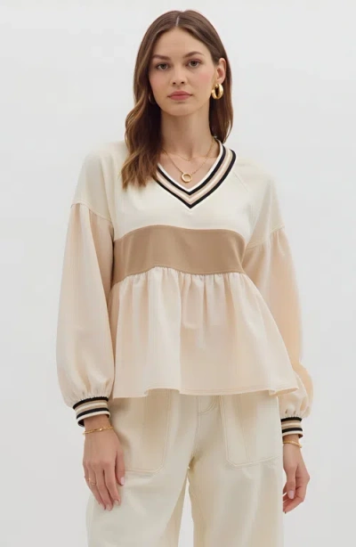 Modenaire Colorblock V-neck Top With Peplum Hem In White