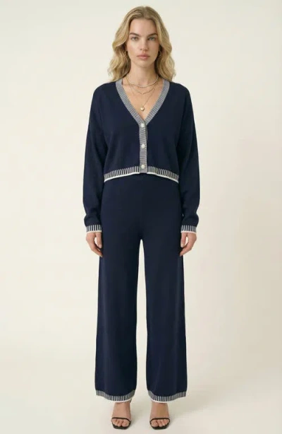 Modenaire Contrast Trim Knit Cardigan Set In Blue