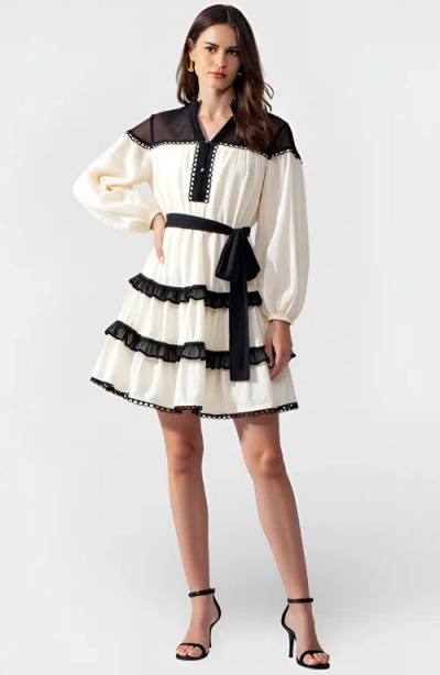 Modenaire Contrast Trim Mini Dress With Waist Tie And Tiered Skirt In Multi