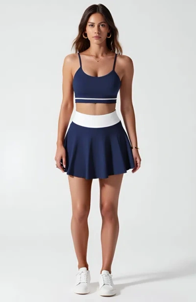 Modenaire Contrast Waistband Set With Strappy Crop Top And Active Skirt In Blue