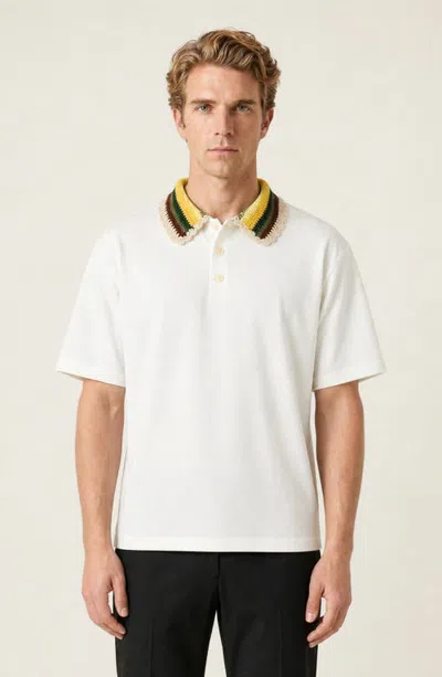 Modenaire Crochet Collar Short Sleeve Polo Shirt With Button Placket In White