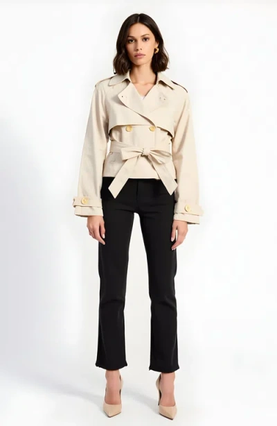 Modenaire Cropped Double-breasted Trench Jacket With Waist Tie In Neutral