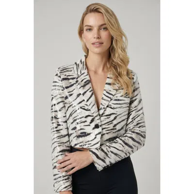 Modenaire Cropped Leopard Print Sequin Blazer In White