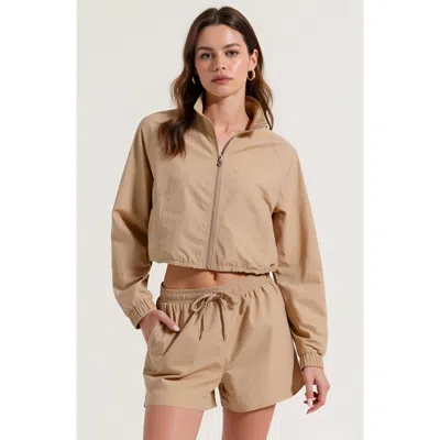 Modenaire Cropped Zip Front Jacket And High Waist Drawstring Shorts Set In Neutral