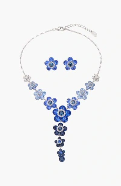 Modenaire Crystal Daisy Necklace And Earring Set In Blue