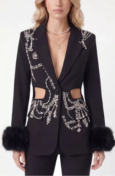 Modenaire Crystal Embellished Cutout Plush Cuff Blazer In Blue
