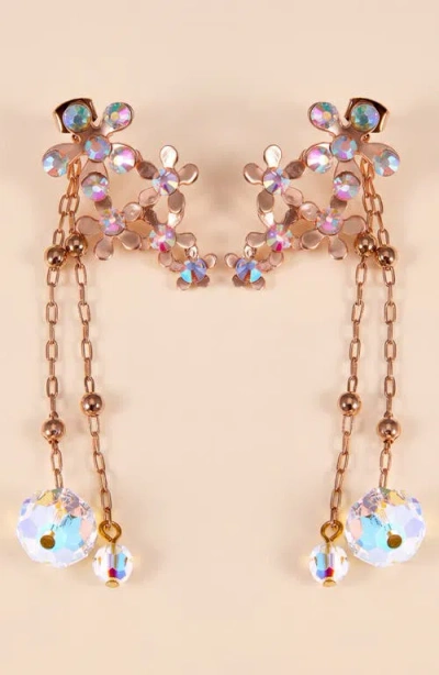 Modenaire Crystal Flower Drop Earrings With Dangle Chains In Gold